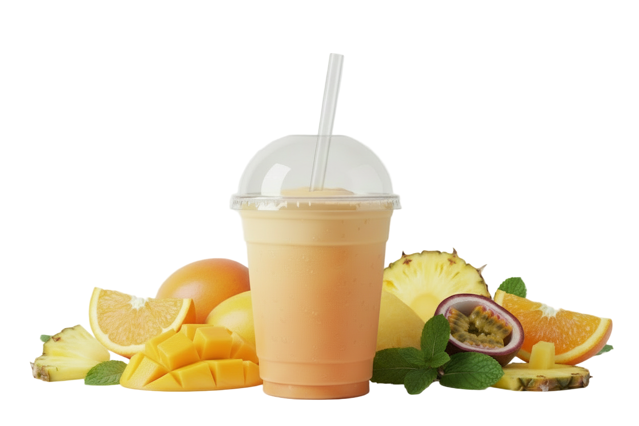 Smoothie in a clear cup with a straw, surrounded by fruits on a white background