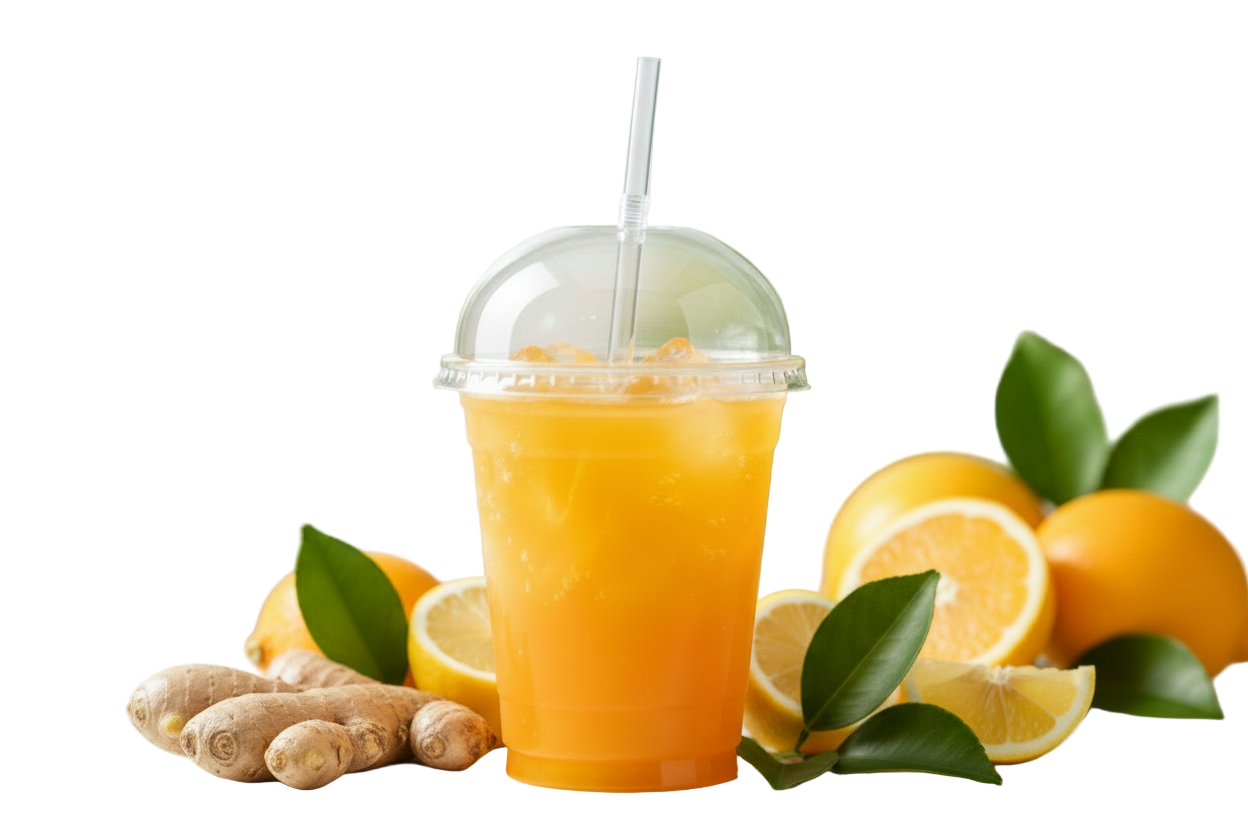 A bold, zesty blend of orange, lemon and ginger designed to wake you up and power you through your day, plastic cup, rounded cover, straw no text