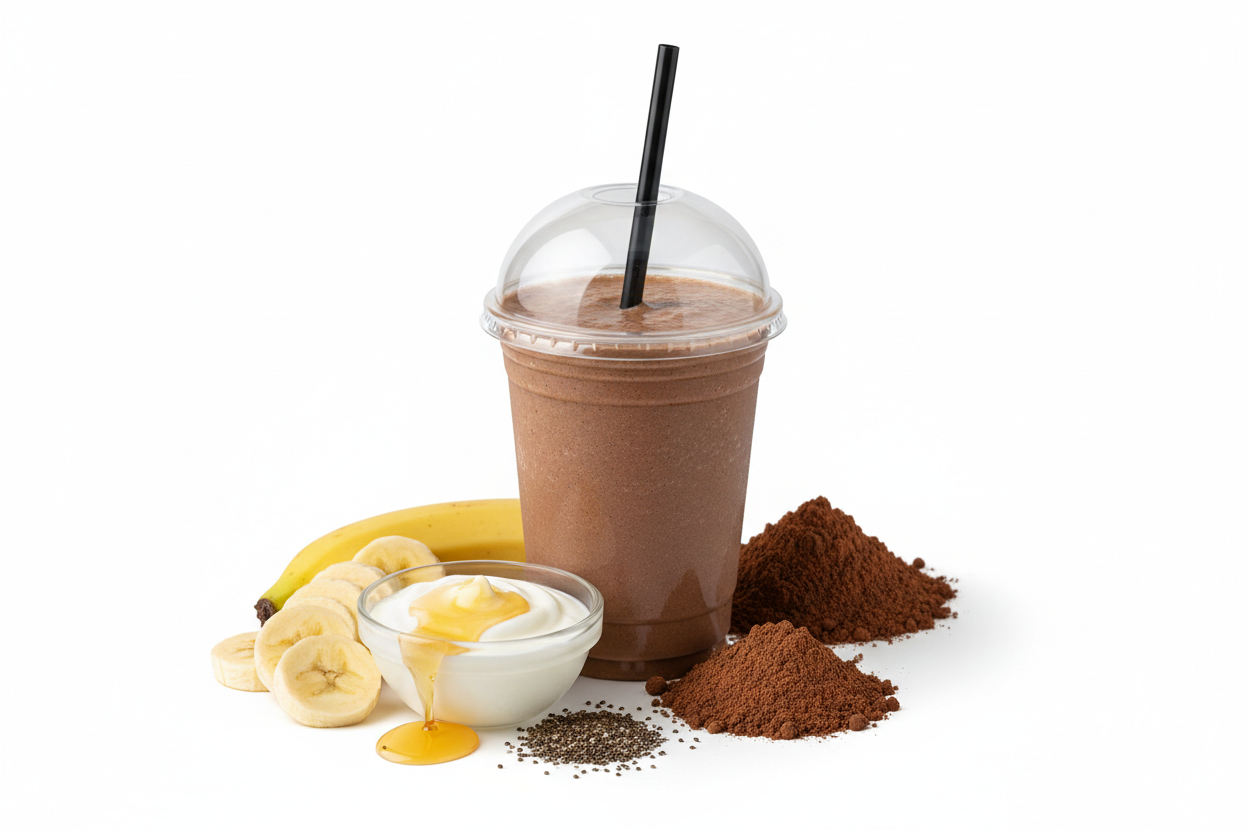 A nutrient-packed blend of banana, yoghurt, honey, chia seeds and chocolate whey protein, Health Nut is your wholesome, protein-rich, filling, balanced drink for any time of day. add the ingredients around Plastic cup with a rounded dome lid, straw coming from the center, fresh smoothie inside, clean aesthetic, high-quality e-commerce product image, isolated on a white background