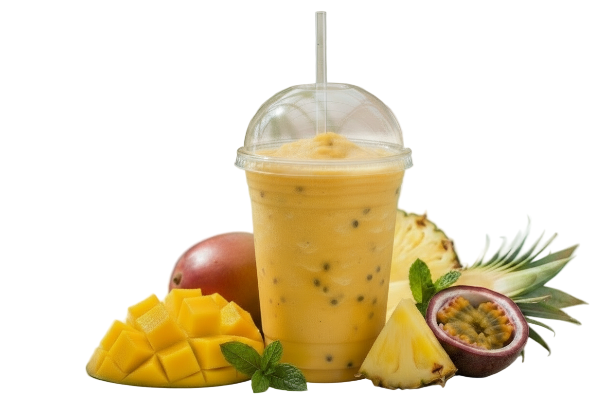 A vibrant blend of mango, pineapple and passionfruit, the perfect icy tropical escape.

Sweet mango, juicy pineapple and tangy passionfruit are blended with coconut water and ice for a smooth, refreshing crush. Light, dairy-free and bursting with summer flavour.