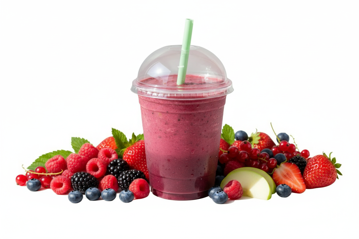 Berry Chill is the ultimate fruity refresher. A mix of fresh berries blended with crisp apple and ice for the perfect balance of sweet and tangy. Light, smooth and naturally energizing. plastic cup, rounded cover, straw coming from the center