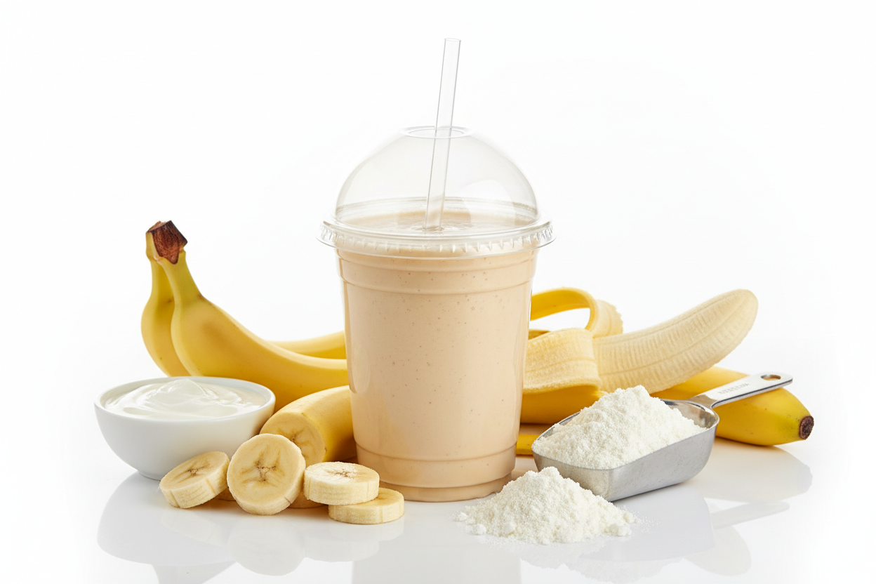 Fresh banana blends with low-fat yoghurt and vanilla whey protein to create a smooth, creamy, high-protein shake. Ideal for pre- or post-workout energy. add the ingredients around. Plastic cup with a rounded dome lid, straw coming from the center, fresh smoothie inside, clean aesthetic, high-quality e-commerce product image, isolated on a white background
