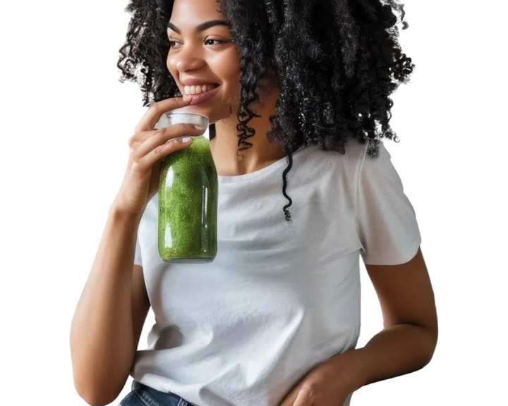 Woman holding a green smoothie bottle against a white background