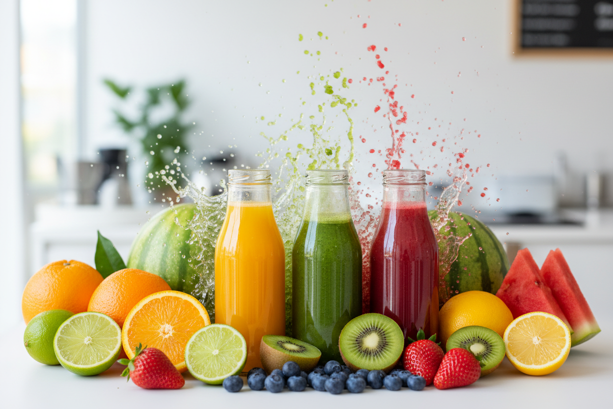 remove the wording, add a few more different fruits and a few more bottles. 